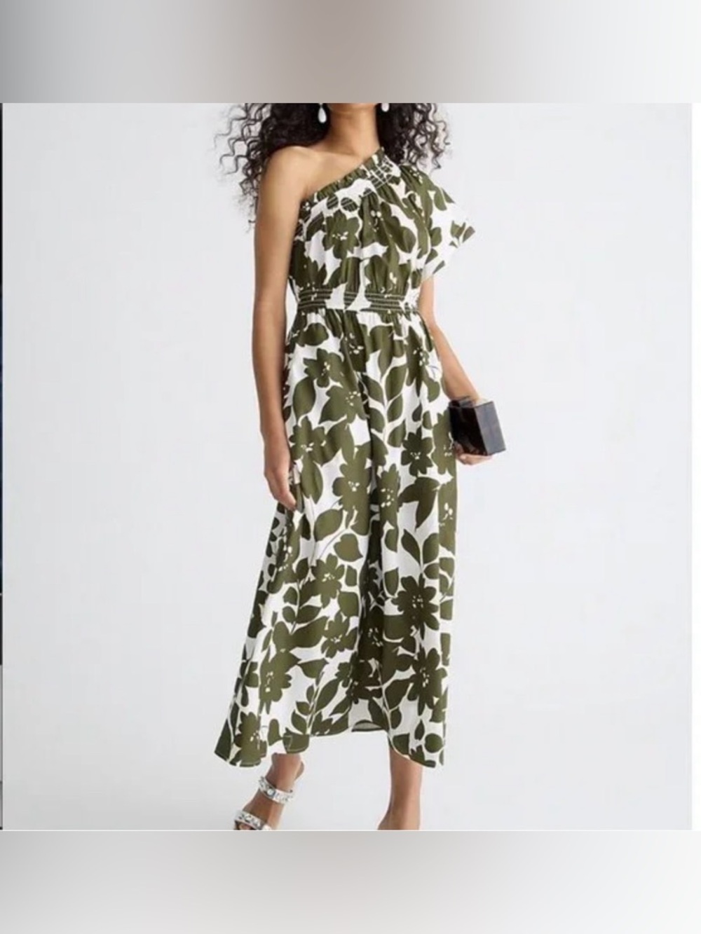 J. Crew Smocked cotton poplin one-shoulder dress in leafy floral, size S